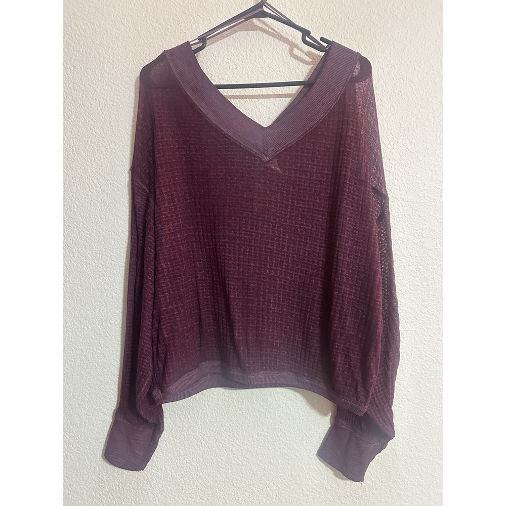 We The Free Purple Sheer‎ Waffle Knit Thermal Oversized Boho Southside Top Sz XS
